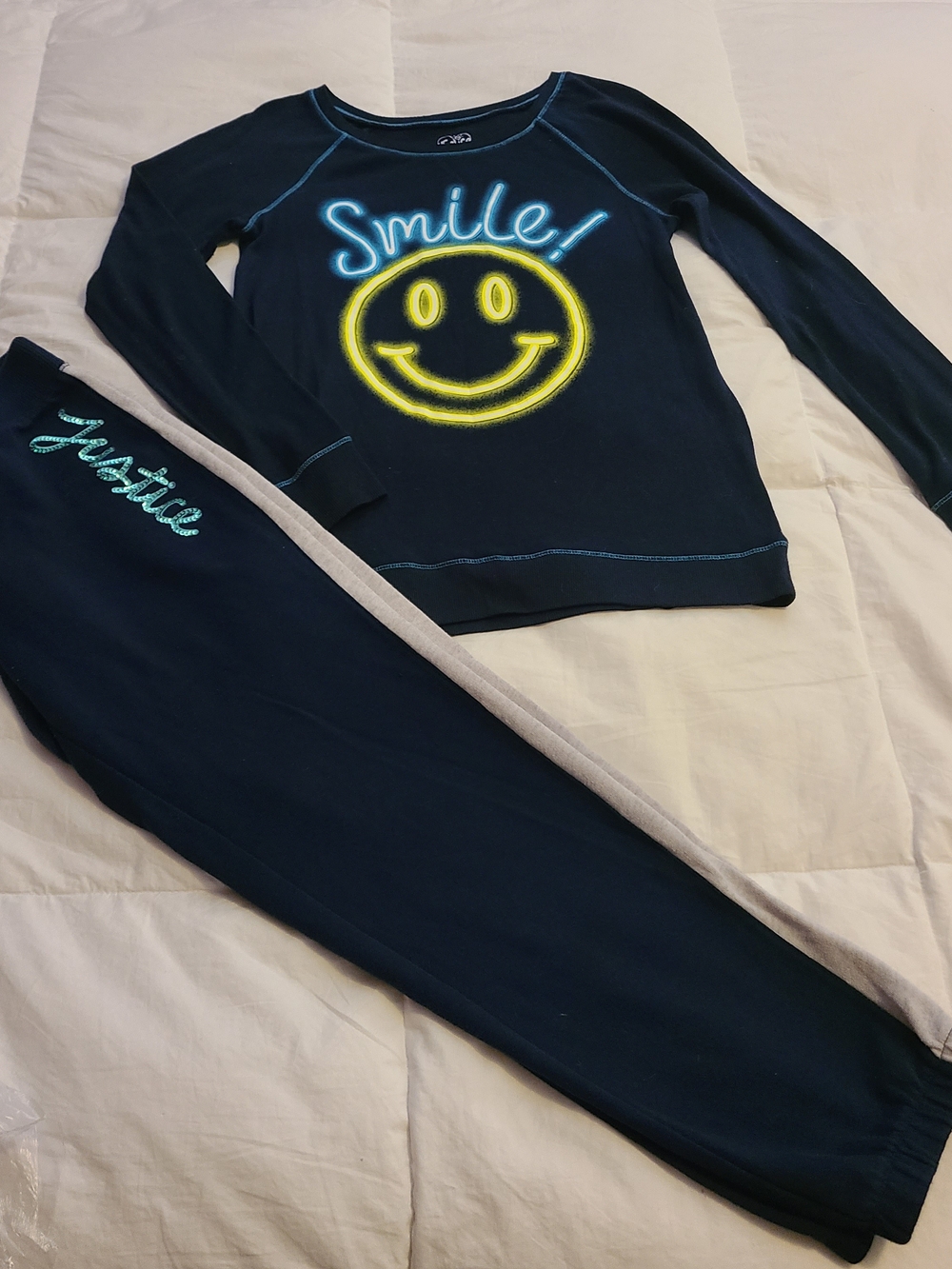 Justice Navy Long Sleeve with Yellow Smiley and Neon Blue 'Smile' Graphic